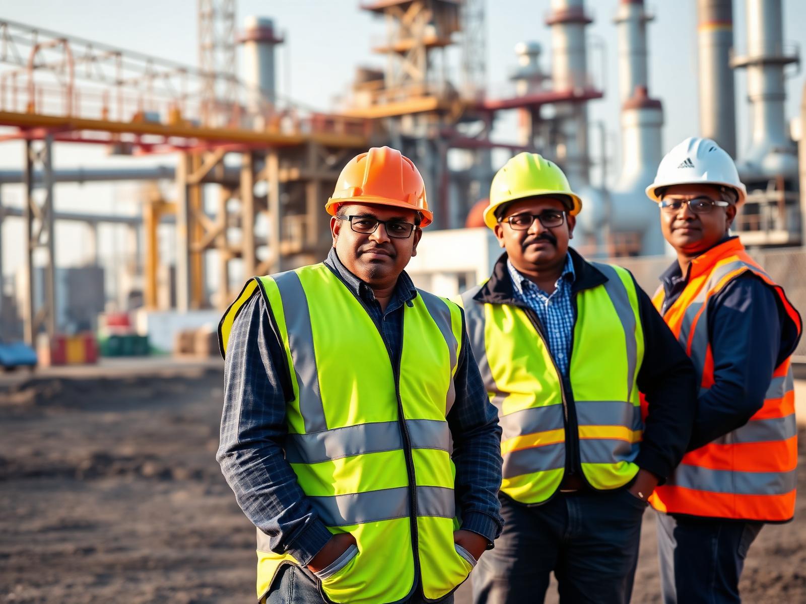 Indian industrial workers in safety gear at a refinery construction site